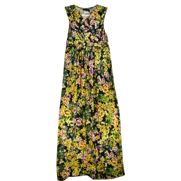 Buffalo Maxi Dress Womens XL Sleeveless Black Yellow Floral Stretch Slinky Boho - Picture 1 of 7